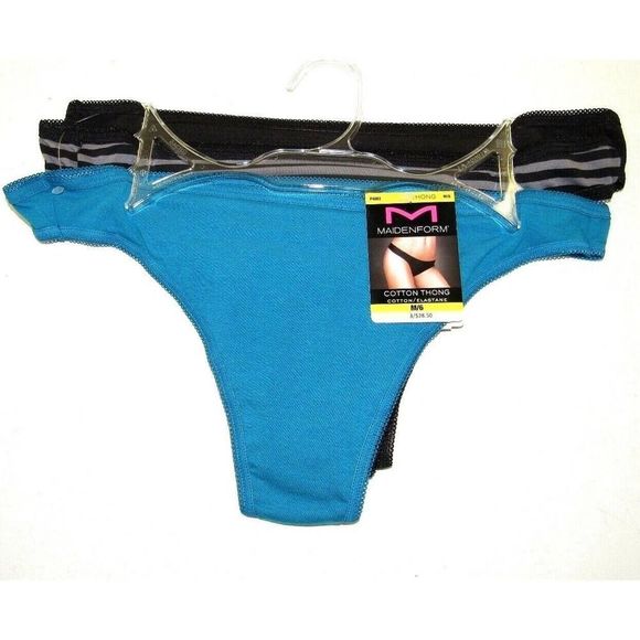 MAIDENFORM Cotton Thongs 3-Pack P4003 Turquoise Blue Grey Black Size Medium NEW - Picture 1 of 3